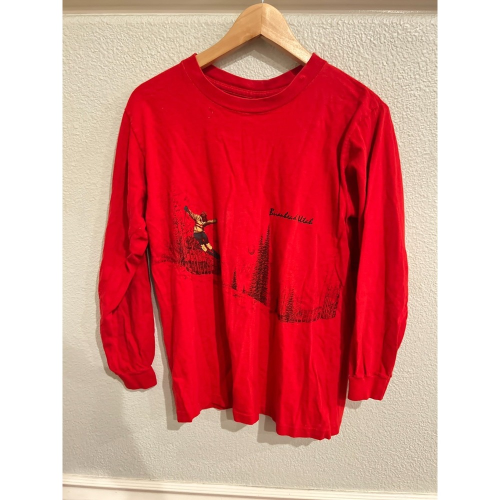 Vintage Brian Head Utah Mens Red Single Stitch Long Sleeve Shirt Sz M Ski Winter